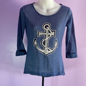 Xhilaration Blue Anchor Print Blouse Rear Zip Women’s Size Small Nautical Top